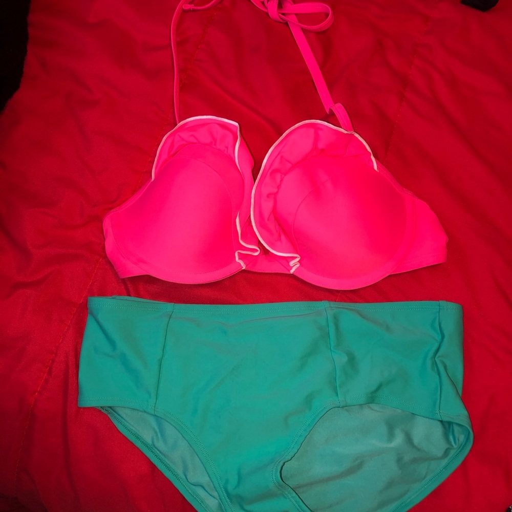 Aerie Swim two piece swim pink and green/teal